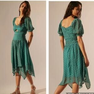 Anthropologie Green Puff Sleeve Keyhole Midi Dress Sz 4